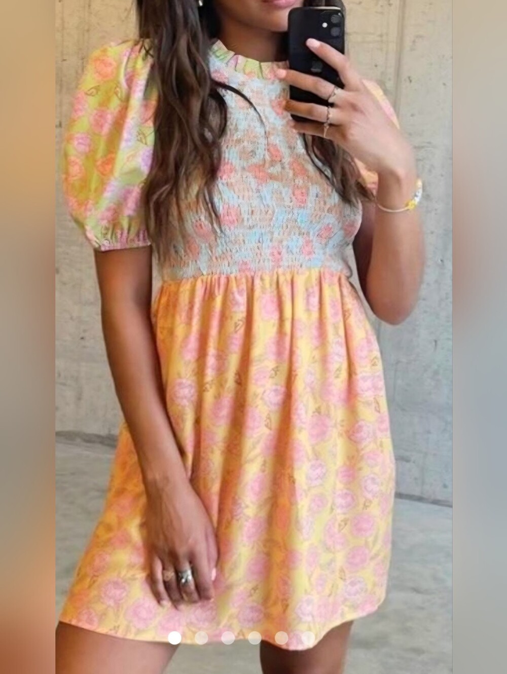 Never Fully Dressed Smocked Floral Puff-Sleeve Mini Dress - Pink & Yellow
